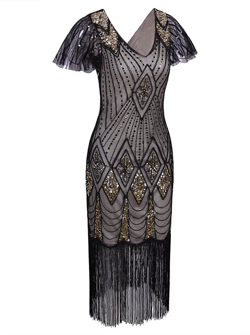 Vijiv Women 1920s Gatsby Beaded Sequin Short Sleeve Art Deco Long Flapper Prom Dresses,XX-Large,Beige Gold - Image 2